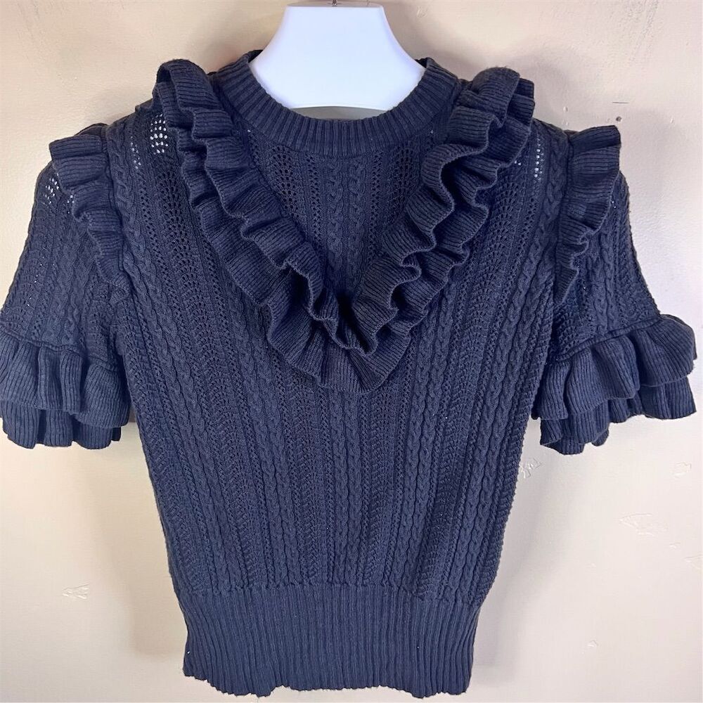 H&M Womens Size 8 Black Ruffle Trim Cable Knit Pullover Mock Neck Sweater Career